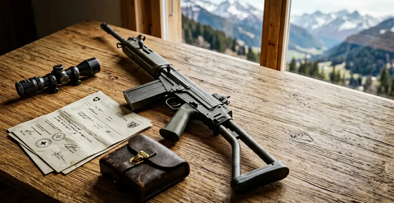 Vue d'ensemble montrant un fusil d'assaut suisse et un permis d'acquisition posés sur une table de travail avec des documents administratifs
