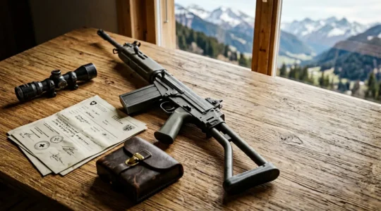 Vue d'ensemble montrant un fusil d'assaut suisse et un permis d'acquisition posés sur une table de travail avec des documents administratifs