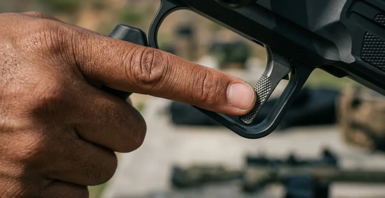Tireur sportif concentré sur son geste de lâcher, vue rapprochée de la main sur la détente d'une arme de précision