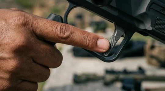 Tireur sportif concentré sur son geste de lâcher, vue rapprochée de la main sur la détente d'une arme de précision