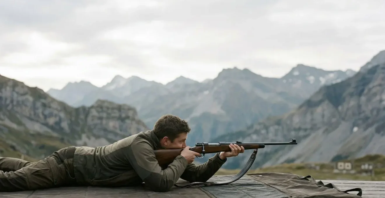 Tireur sportif en position couchée parfaite montrant l'alignement du corps et le soutien de la bretelle