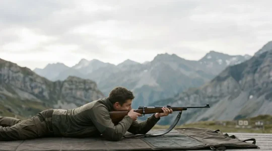 Tireur sportif en position couchée parfaite montrant l'alignement du corps et le soutien de la bretelle