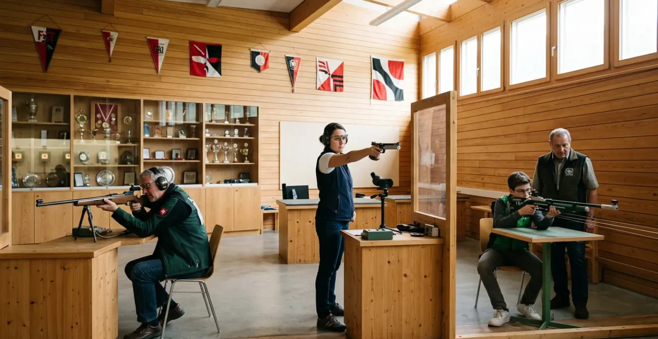 Stand de tir moderne avec tireurs de différents âges dans une société suisse