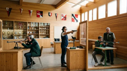 Stand de tir moderne avec tireurs de différents âges dans une société suisse