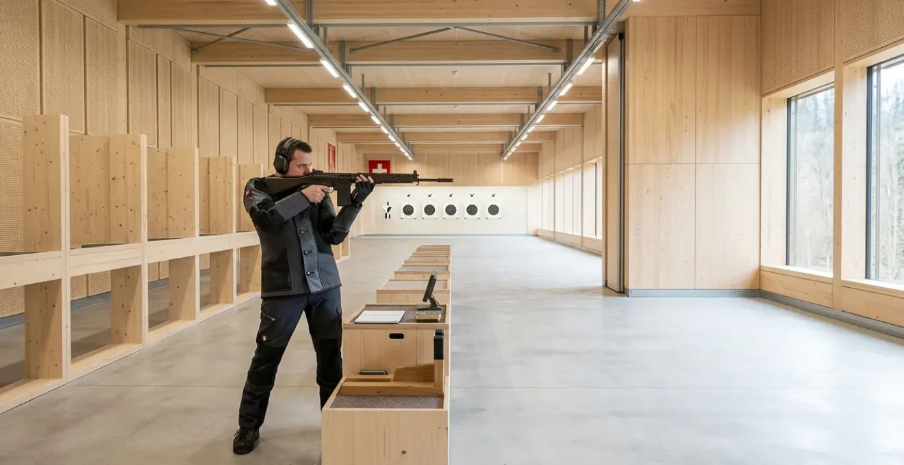 Vue intérieure d'un stand de tir sportif moderne en Suisse avec tireur concentré en position de tir