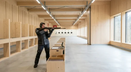 Vue intérieure d'un stand de tir sportif moderne en Suisse avec tireur concentré en position de tir