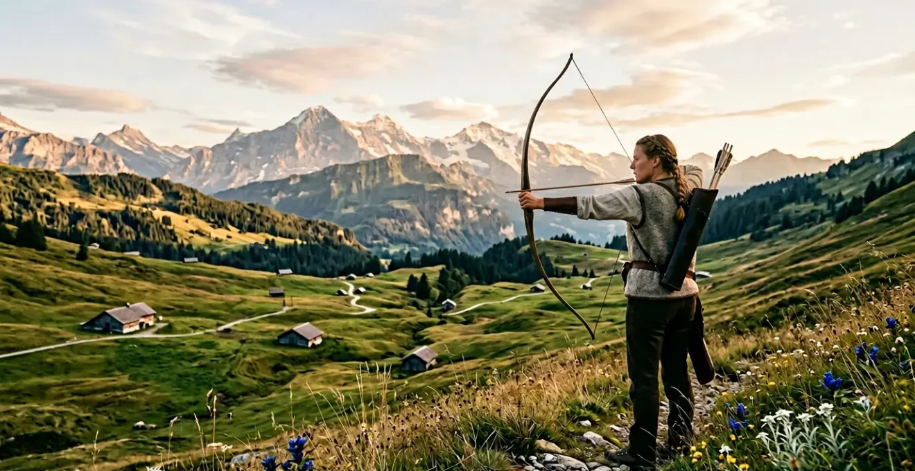 Archer en concentration maximale tirant à l'arc dans un paysage alpin suisse baigné par la lumière dorée