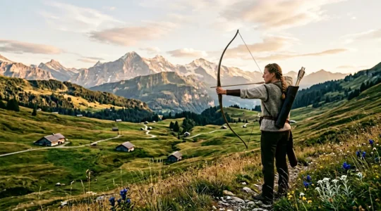Archer en concentration maximale tirant à l'arc dans un paysage alpin suisse baigné par la lumière dorée