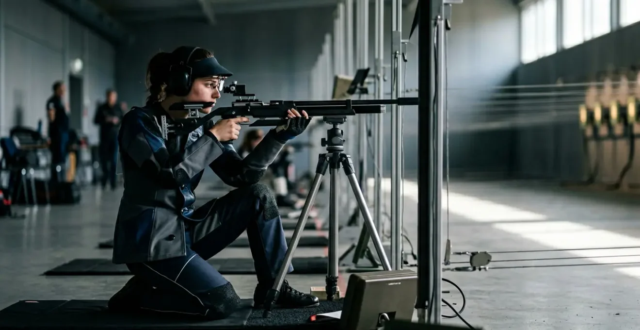 Tireur en position de compétition trois positions dans un stand de tir moderne avec équipement fédéral