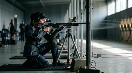 Tireur en position de compétition trois positions dans un stand de tir moderne avec équipement fédéral
