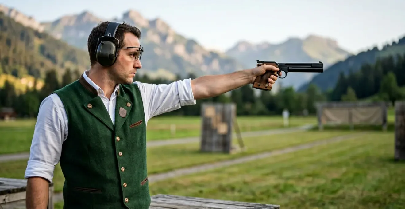 Tireur sportif en position de tir à 50 mètres avec pistolet dans un stand de tir suisse