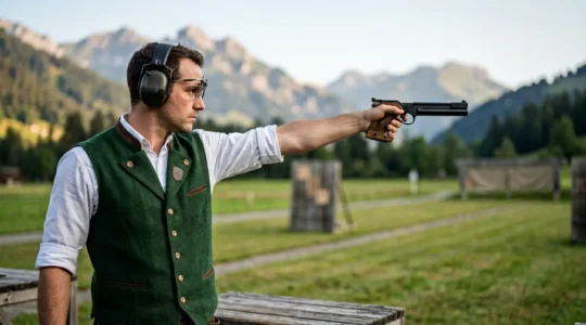 Tireur sportif en position de tir à 50 mètres avec pistolet dans un stand de tir suisse