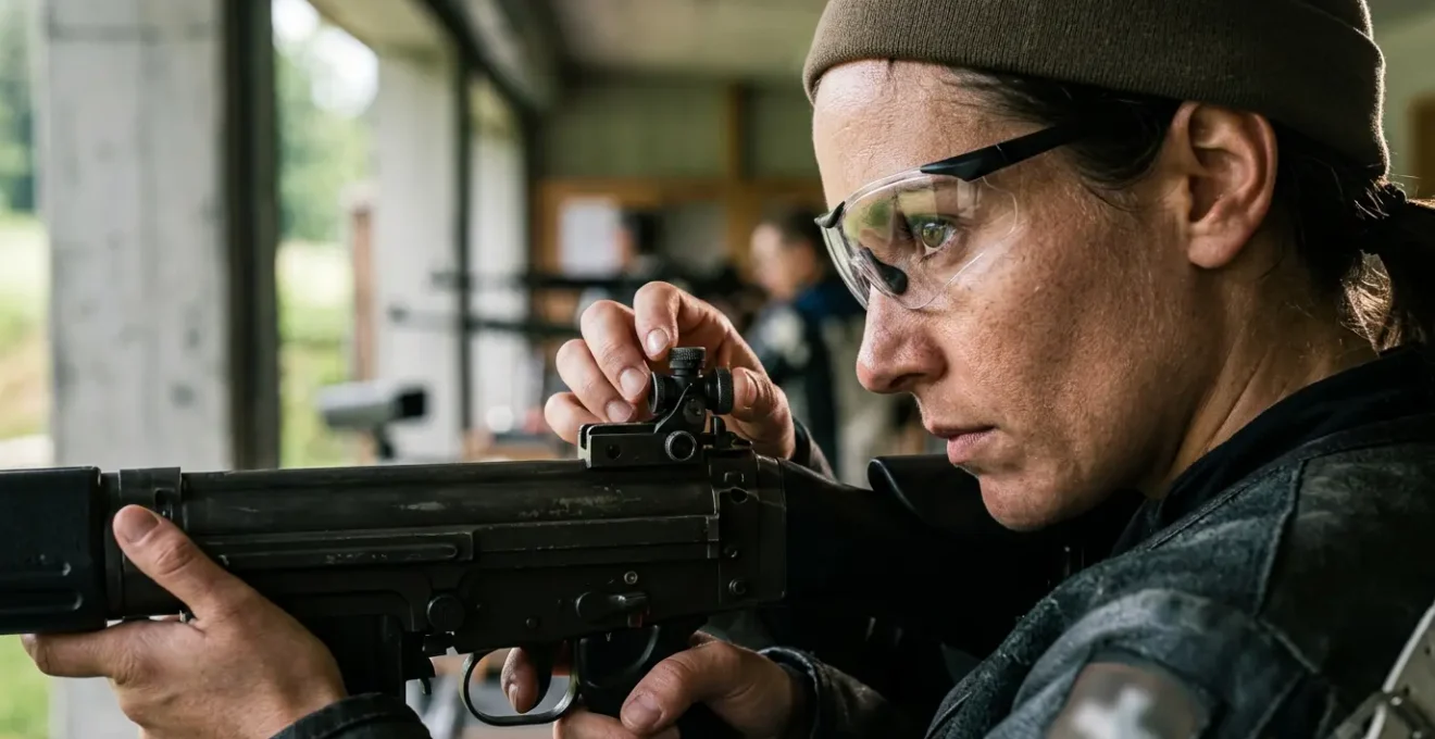 Tireur ajustant le dioptre de son fusil sur un stand de tir suisse avec concentration extrême