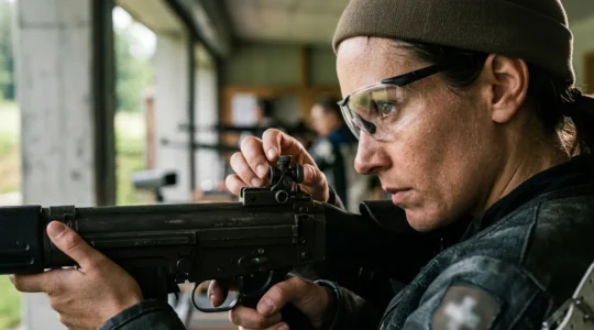 Tireur ajustant le dioptre de son fusil sur un stand de tir suisse avec concentration extrême