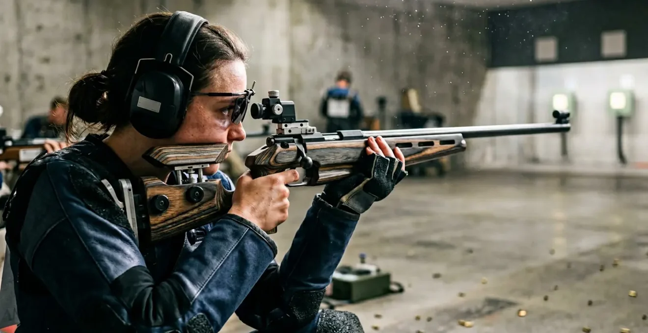 Tireur sportif en position de tir visant avec concentration une cible à travers une lunette de visée