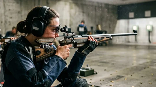 Tireur sportif en position de tir visant avec concentration une cible à travers une lunette de visée