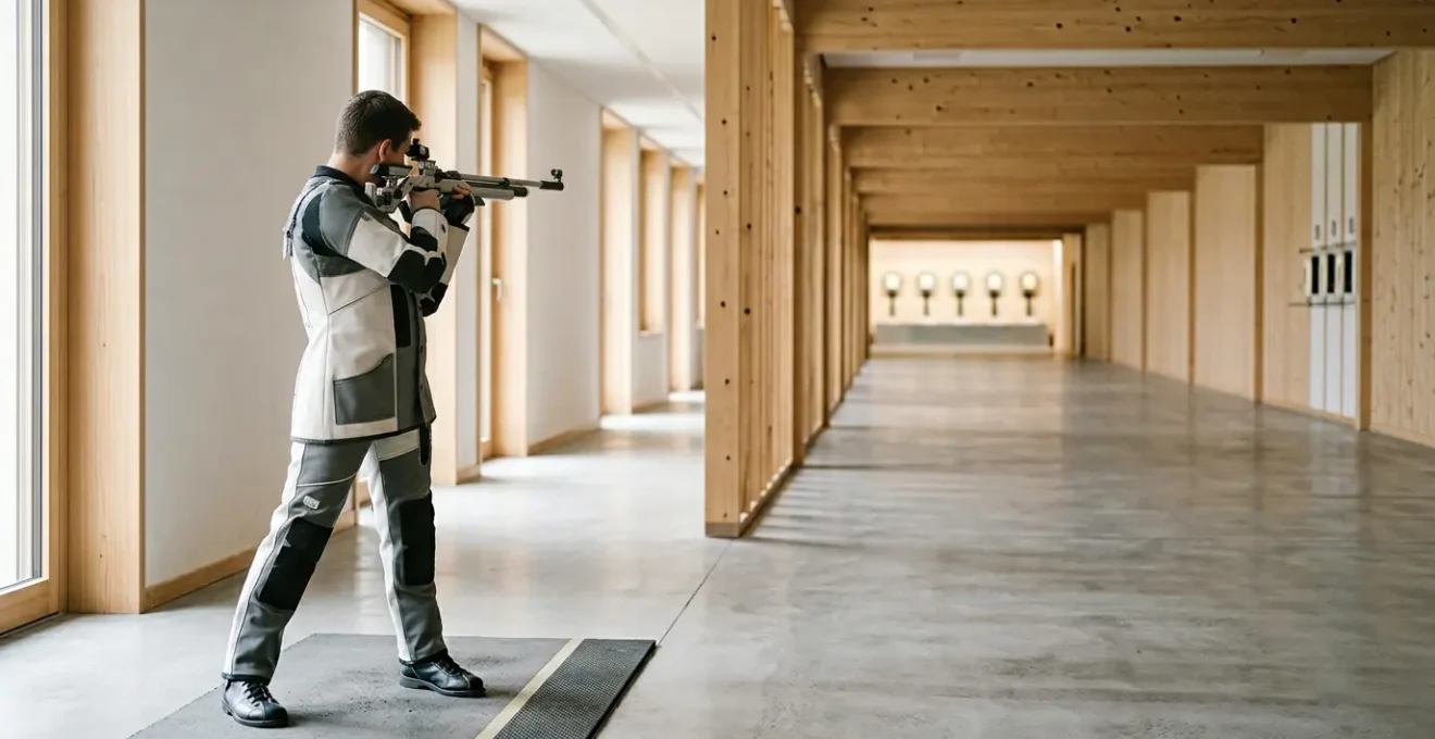 Tireur sportif en position debout démontrant une stabilité posturale optimale avec carabine