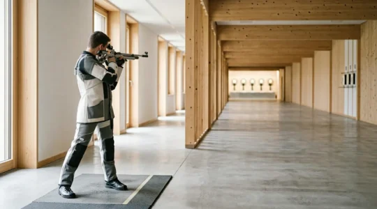 Tireur sportif en position debout démontrant une stabilité posturale optimale avec carabine
