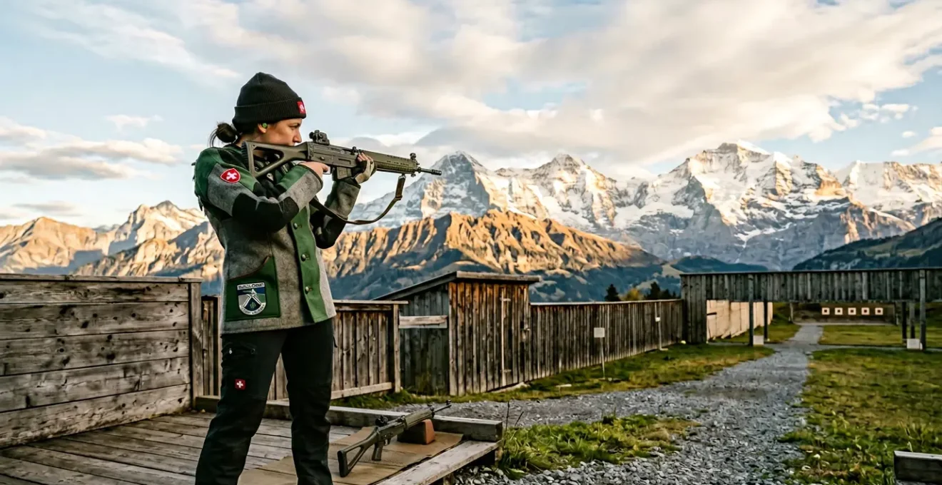 Tireur sportif suisse en position de tir debout dans un stand de tir avec vue sur les Alpes suisses