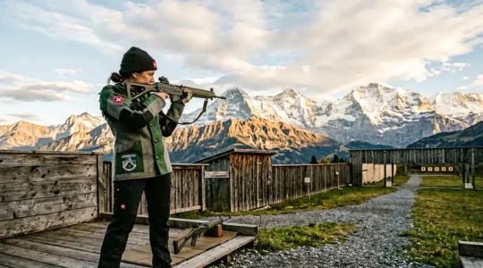 Tireur sportif suisse en position de tir debout dans un stand de tir avec vue sur les Alpes suisses