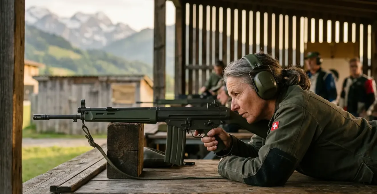 Tireur sportif en position de tir lors du Tir en Campagne Fédéral en Suisse, avec fusil d'assaut 90