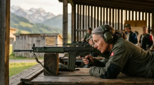 Tireur sportif en position de tir lors du Tir en Campagne Fédéral en Suisse, avec fusil d'assaut 90