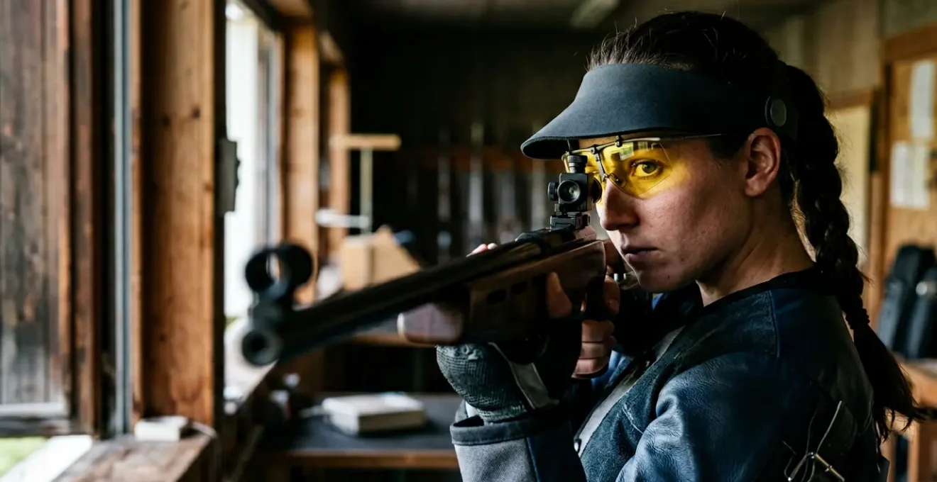 Tireur sportif ajustant sa visée dans des conditions de luminosité variables