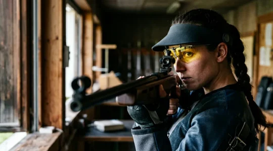 Tireur sportif ajustant sa visée dans des conditions de luminosité variables