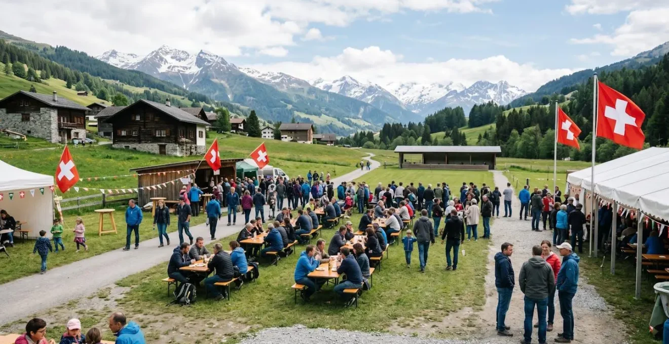 Ambiance festive d'un tir en campagne suisse avec familles et cantine en arrière-plan