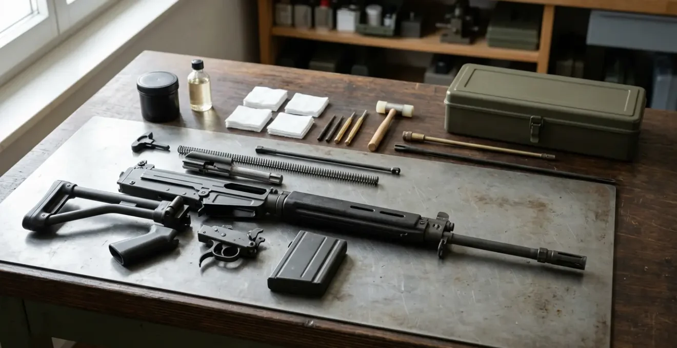 Fusil d'assaut Fass 90 démonté sur établi avec produits d'entretien suisses Automatenfett