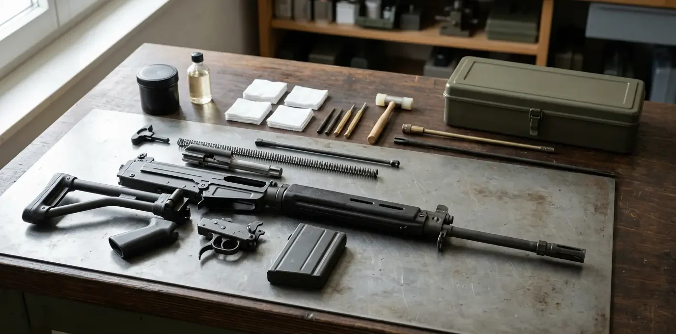 Fusil d'assaut Fass 90 démonté sur établi avec produits d'entretien suisses Automatenfett