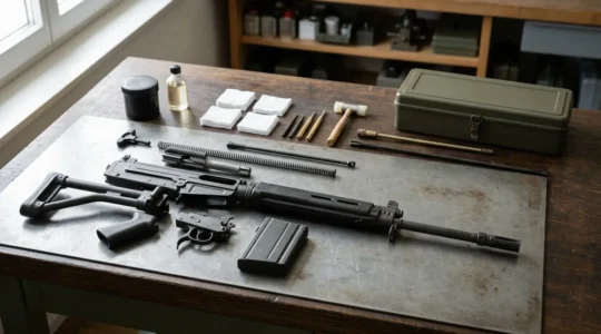 Fusil d'assaut Fass 90 démonté sur établi avec produits d'entretien suisses Automatenfett