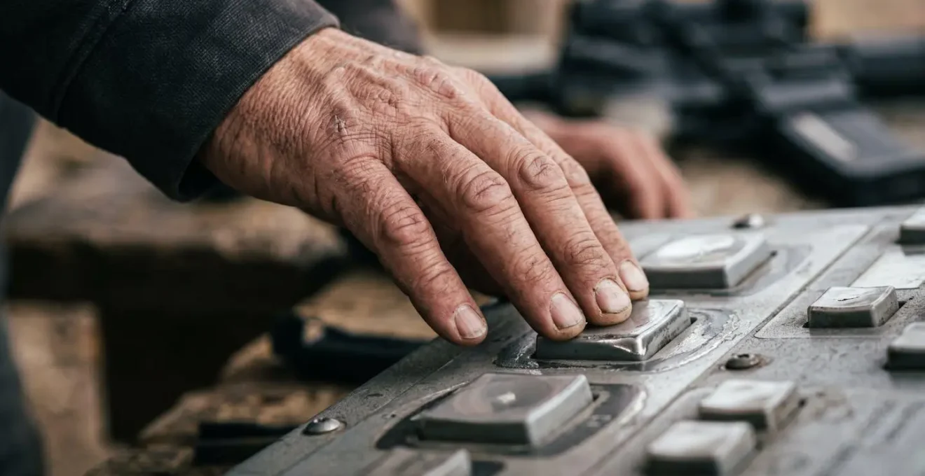 Gros plan sur les mains d'un tireur manipulant un boîtier de commande de cible électronique