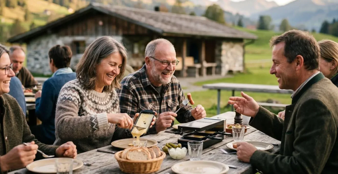 Cantine animée d'un stand de tir suisse avec grillades et ambiance conviviale