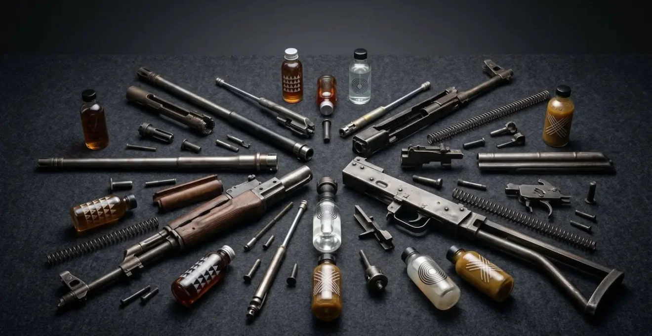 Vue éclatée schématique d'un fusil d'assaut avec zones colorées indiquant les différents produits de nettoyage à utiliser
