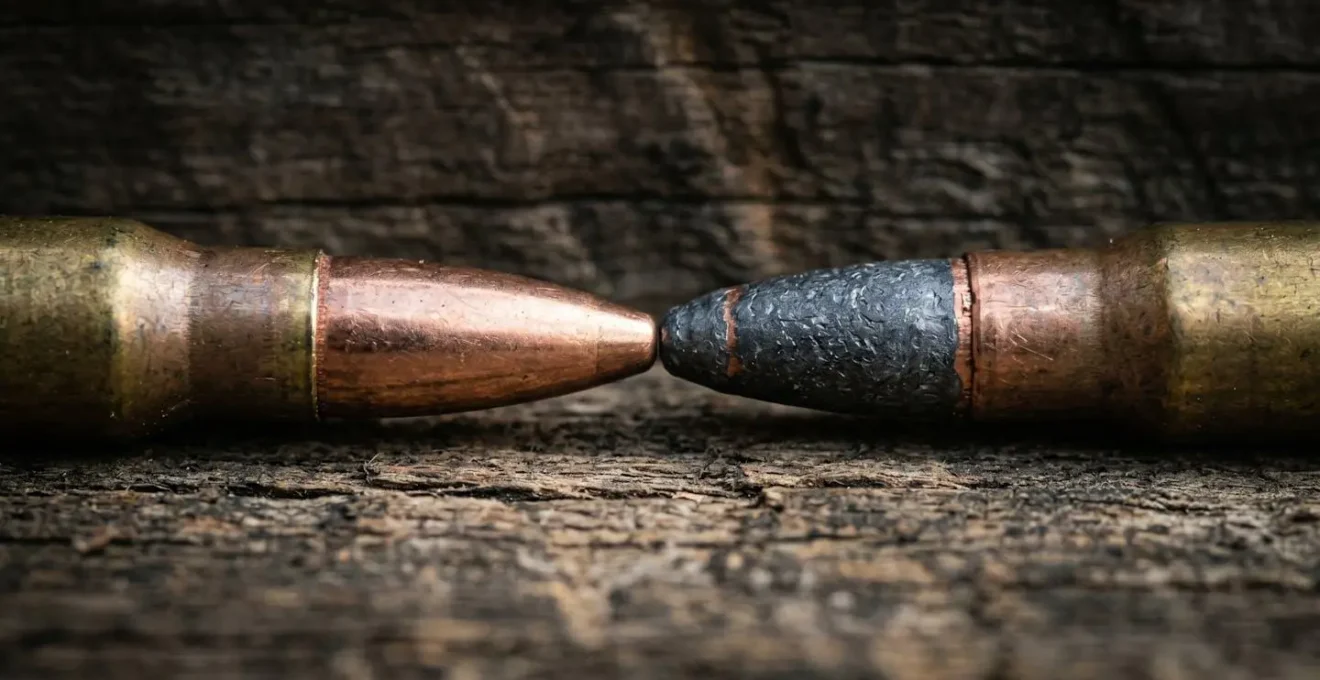 Gros plan sur deux types de munitions posées côte à côte sur une surface en bois, l'une blindée, l'autre à pointe molle.