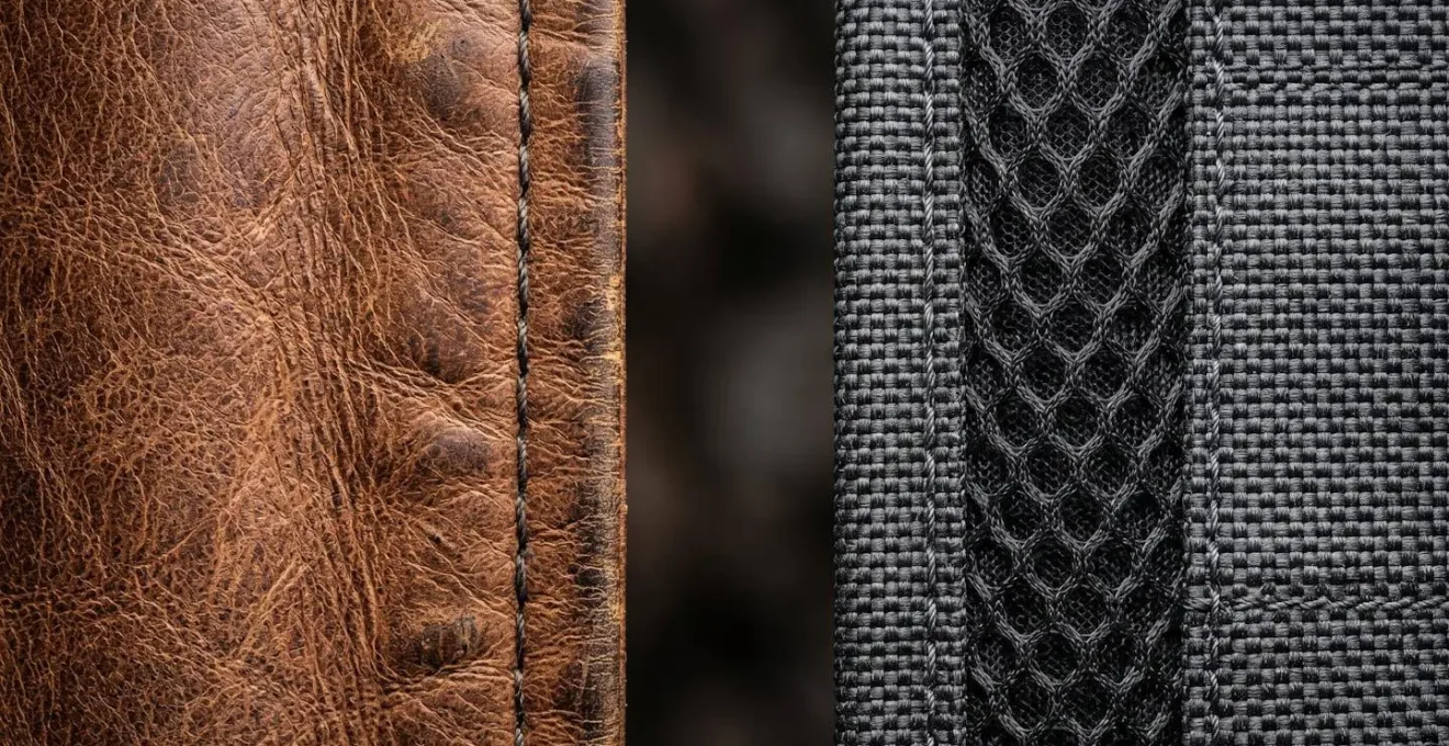 Comparaison macro des textures cuir et toile synthétique pour vestes de tir