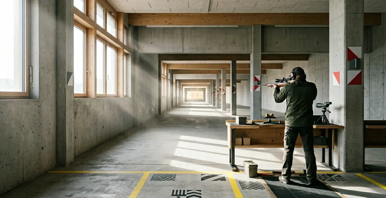 Tireur sportif en position de tir respectueuse des règles de sécurité dans un stand suisse