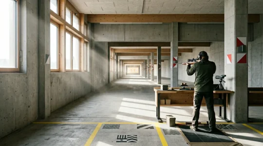 Tireur sportif en position de tir respectueuse des règles de sécurité dans un stand suisse