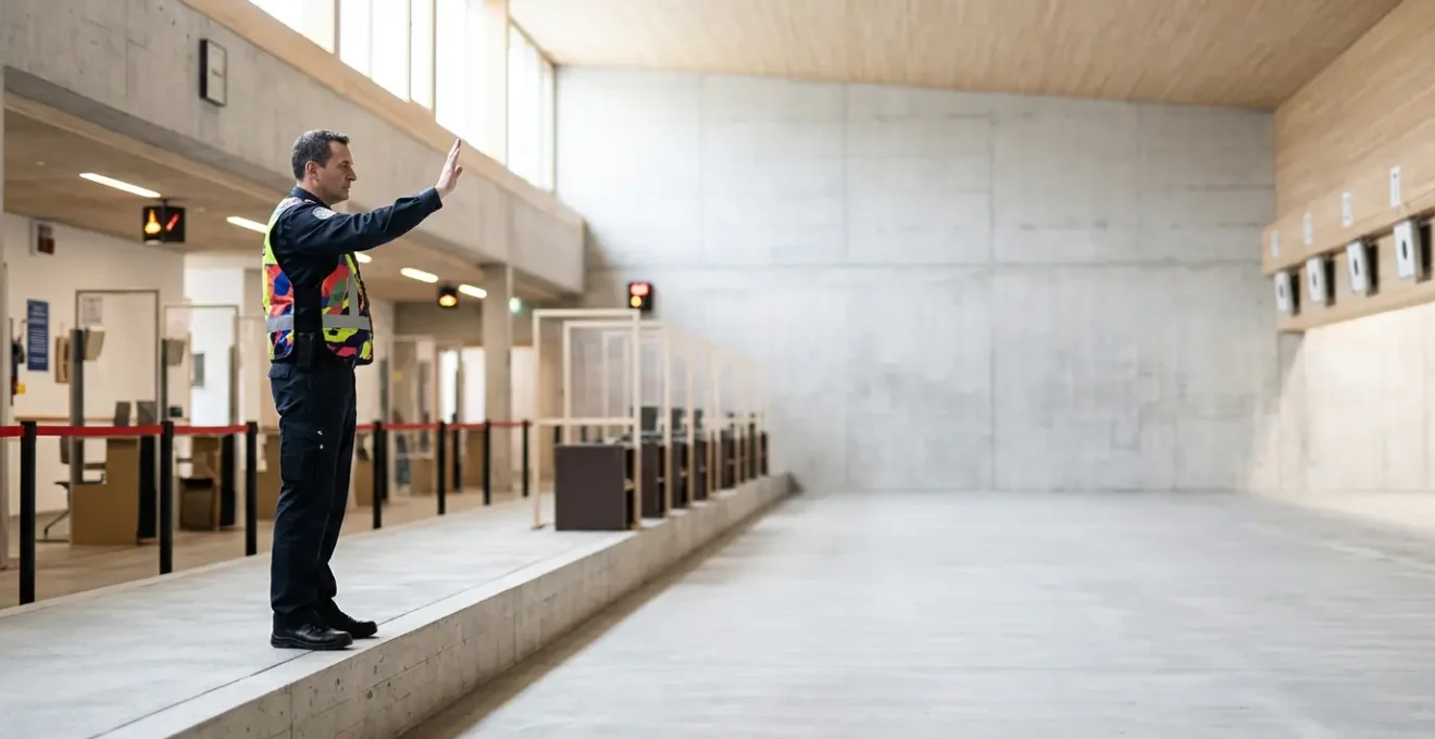 Directeur de tir supervisant la sécurité sur un pas de tir avec signal visuel de cessez-le-feu