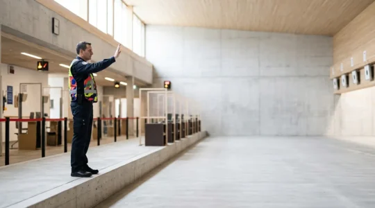 Directeur de tir supervisant la sécurité sur un pas de tir avec signal visuel de cessez-le-feu
