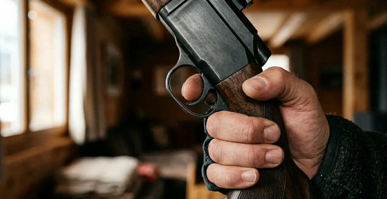 Vue rapprochée d'une main experte sur la détente d'une carabine de précision dans un salon épuré, ambiance concentrée et professionnelle