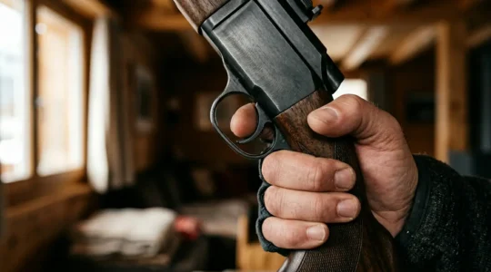 Vue rapprochée d'une main experte sur la détente d'une carabine de précision dans un salon épuré, ambiance concentrée et professionnelle