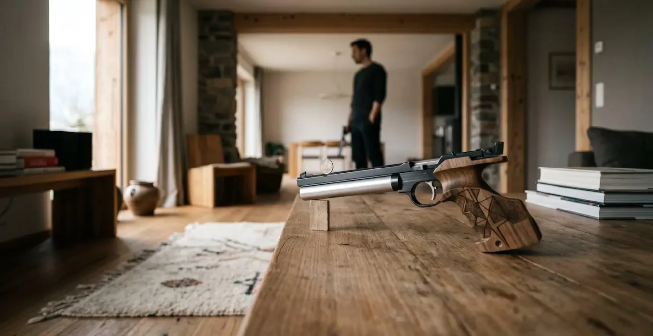 Vue rapprochée d'une pièce de 5 centimes suisse en équilibre sur le guidon d'un pistolet d'ordonnance