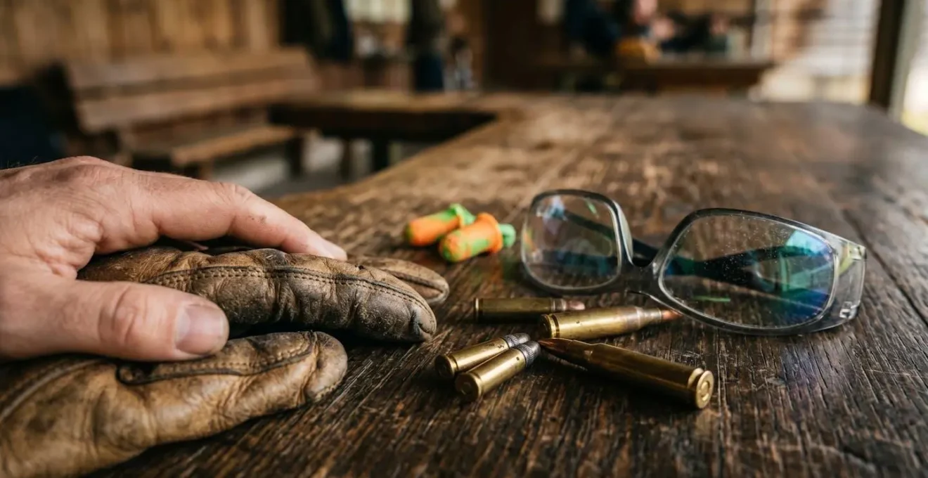 Équipement de tir sportif disposé sur une table en bois incluant protections auditives et lunettes de tir