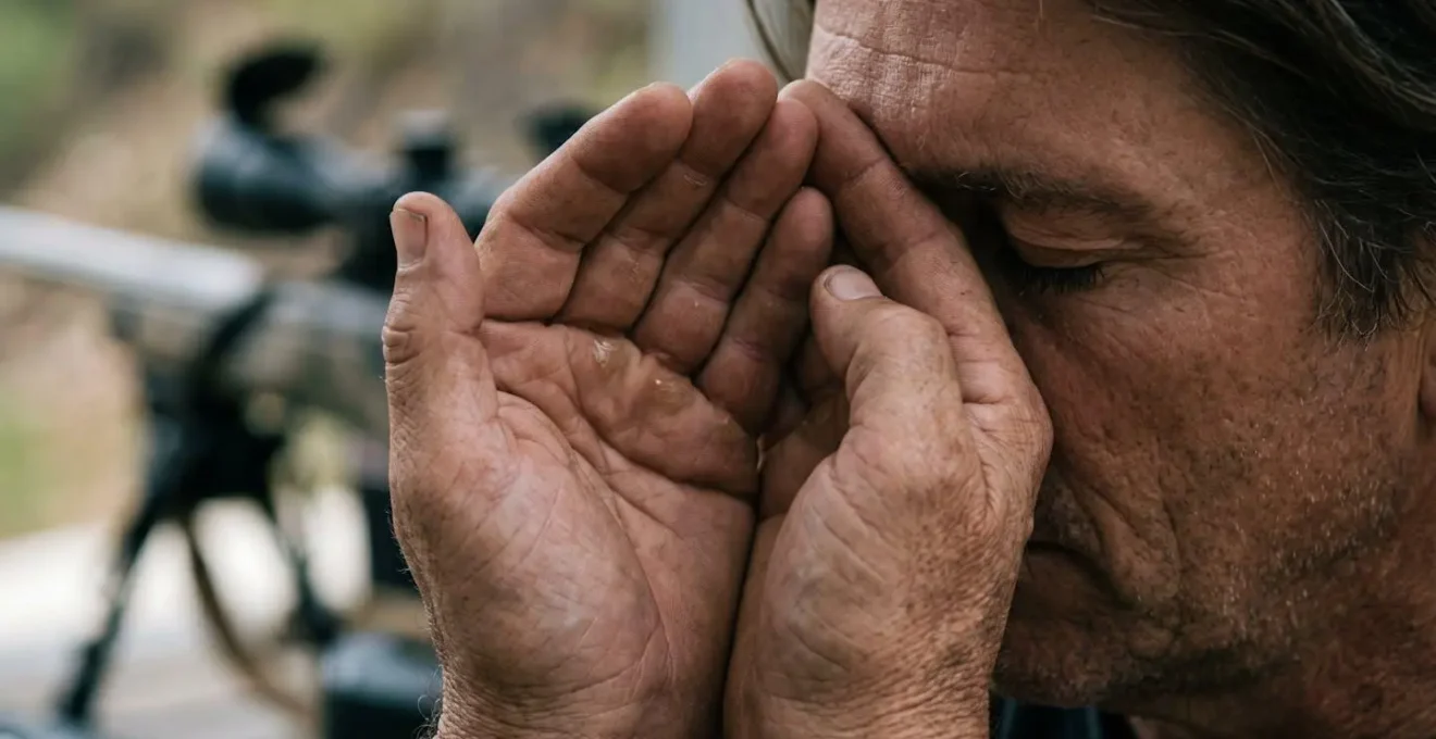 Gros plan sur les mains d'un tireur couvrant ses yeux pour la technique du palming