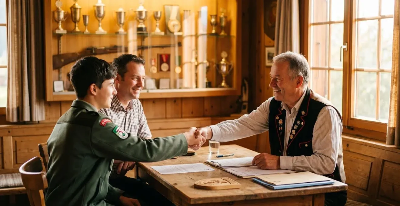 Parents et adolescent consultant des documents d'inscription dans le bureau accueillant d'une société de tir suisse.