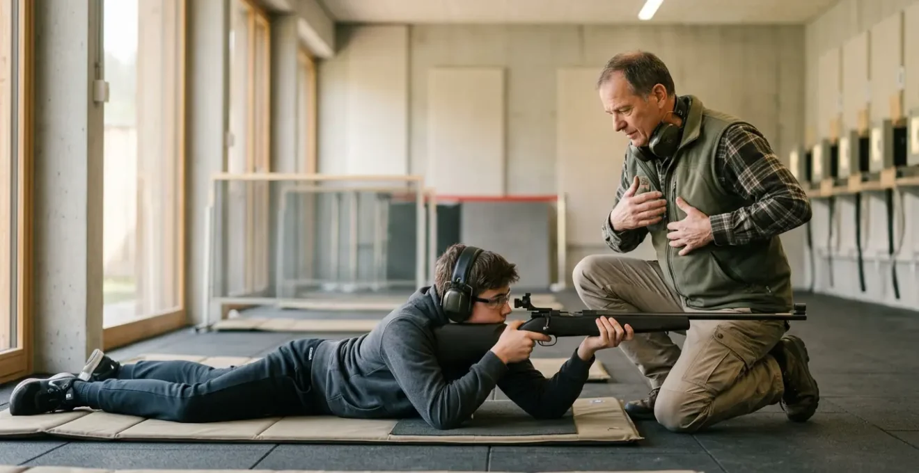 Jeune tireur suisse en formation avec moniteur dans un stand de tir intérieur moderne