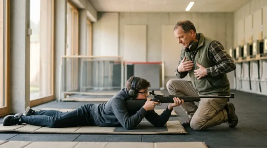 Jeune tireur suisse en formation avec moniteur dans un stand de tir intérieur moderne