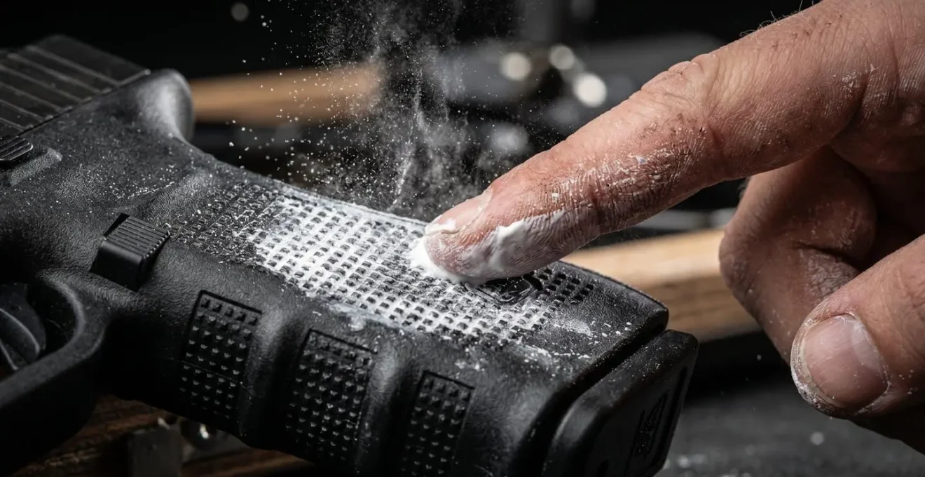 Main d'un tireur appliquant de la magnésie sur la poignée texturée d'un pistolet de compétition